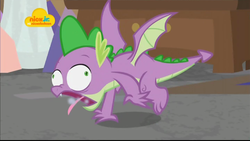 Size: 1024x576 | Tagged: safe, screencap, spike, dragon, g4, school raze, choking, faic, great moments in animation, logo, male, nick jr., nickelodeon, open mouth, smoke, solo, tongue out, winged spike, wings