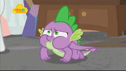 Size: 1024x576 | Tagged: safe, screencap, spike, dragon, g4, school raze, choking, logo, male, nick jr., nickelodeon, puffy cheeks, solo, winged spike, wings