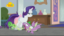 Size: 1024x576 | Tagged: safe, screencap, rarity, spike, dragon, pony, unicorn, g4, school raze, burp, choking, dragonfire, faic, female, fire, fire breath, fire burp, great moments in animation, lidded eyes, logo, male, mare, nick jr., nickelodeon, running, smoke, tongue out, winged spike, wings
