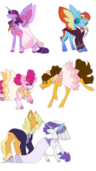 Size: 3200x5700 | Tagged: safe, artist:uunicornicc, applejack, cheese sandwich, pinkie pie, rainbow dash, rarity, twilight sparkle, alicorn, classical unicorn, earth pony, pegasus, pony, unicorn, g4, clothes, cloven hooves, colored wings, crossdressing, cute, dancing, diacheeses, diapinkes, dress, eyes closed, female, floppy ears, glasses, horn, horn ring, jewelry, leonine tail, lesbian, male, mare, ship:cheesepie, ship:rarijack, ship:twidash, shipping, simple background, smiling, spread wings, stallion, story included, straight, suit, tongue out, tuxedo, twilight sparkle (alicorn), unshorn fetlocks, wedding dress, white background, wings