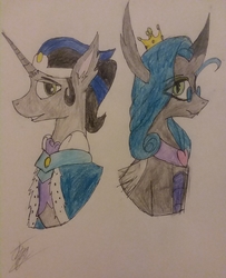 Size: 1932x2383 | Tagged: safe, artist:drawingwithapitoffriendship, king sombra, queen chrysalis, changeling, g4, bust, colored pencil drawing, crown, good king sombra, jewelry, mirror universe, regalia, reversalis, traditional art