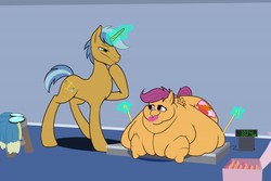 Size: 1280x853 | Tagged: safe, artist:calorie, scootaloo, oc, oc:sure survey, pegasus, pony, unicorn, g4, alternate cutie mark, belly, belly bed, bingo wings, clothes, cutie mark, donut, double chin, fat, female, filly, food, glowing horn, horn, impossibly large belly, large belly, magic, male, measuring tape, morbidly obese, neck roll, obese, scale, scootalard, telekinesis, the cmc's cutie marks, thinking, uniform, wonderbolts uniform