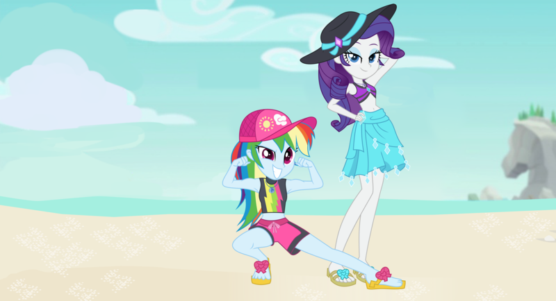 1818459 - absurd res, artist:limedazzle, beach, belly button, clothes, duo,  equestria girls, equestria girls series, feet, female, flexing, flip-flops,  pose, rainbow dash, rarity, safe, sandals, swimsuit, vector - Derpibooru