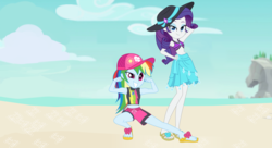 Size: 6725x3650 | Tagged: safe, artist:limedazzle, rainbow dash, rarity, equestria girls, g4, my little pony equestria girls: better together, absurd resolution, beach, belly button, clothes, duo, duo female, feet, female, flexing, flip-flops, pose, rainbow dash's beach shorts swimsuit, rarity's blue sarong, rarity's purple bikini, sandals, show accurate, swimsuit, vector