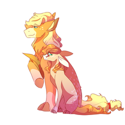 Size: 3000x3000 | Tagged: safe, artist:uunicornicc, applejack, oc, oc:butterscotch, earth pony, pony, g4, alternate hairstyle, applejack's hat, blank flank, coat markings, cowboy hat, dappled, duo, female, filly, floppy ears, hat, high res, magical lesbian spawn, mare, offspring, parent:applejack, parent:rarity, parents:rarijack, raised hoof, simple background, sitting, white background, worried