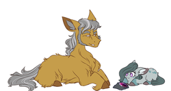 Size: 3000x1600 | Tagged: safe, artist:uunicornicc, igneous rock pie, marble pie, earth pony, pony, g4, blank flank, coat markings, cute, dappled, duo, father and daughter, female, filly, filly marble pie, floppy ears, fluffy, geode, male, marblebetes, missing cutie mark, prone, simple background, sitting, smiling, stallion, white background, younger