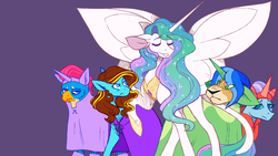 Size: 1920x1080 | Tagged: safe, artist:uunicornicc, gallus, ocellus, princess celestia, yona, oc, oc:ilovekimpossiblealot, alicorn, changedling, changeling, griffon, pony, yak, g4, horse play, angry, clothes, costume, ethereal mane, eyes closed, female, floppy ears, leonine tail, male, mare, missing accessory, oblivious, peytral, raised hoof, simple background, smiling, spread wings, starry mane, wings