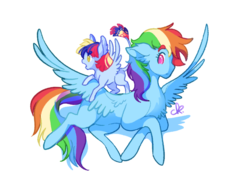 Size: 1024x782 | Tagged: safe, artist:kerui8d, rainbow dash, oc, oc:rainbow iris lightning, pegasus, pony, g4, duo, ear fluff, female, filly, floppy ears, happy, leonine tail, magical lesbian spawn, mare, offspring, parent:rainbow dash, parent:twilight sparkle, parents:twidash, simple background, spread wings, transparent background, wings