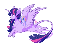 Size: 1024x782 | Tagged: safe, artist:kerui8d, twilight sparkle, oc, oc:cosmic ray, alicorn, pony, unicorn, g4, duo, ear fluff, female, filly, happy, leonine tail, magical lesbian spawn, mare, offspring, parent:rainbow dash, parent:twilight sparkle, parents:twidash, prone, simple background, smiling, spread wings, transparent background, twilight sparkle (alicorn), wings