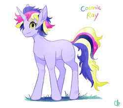 Size: 885x779 | Tagged: safe, artist:kerui8d, oc, oc only, oc:cosmic ray, pony, unicorn, female, grass, magical lesbian spawn, mare, offspring, parent:rainbow dash, parent:twilight sparkle, parents:twidash, simple background, smiling, solo, standing, text, white background
