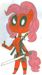 Size: 596x1058 | Tagged: safe, artist:sithvampiremaster27, pinkie pie, earth pony, pony, g4, clothes, cosplay, costume, deadpool, female, marvel, pinkiepool, solo