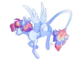 Size: 999x801 | Tagged: safe, artist:kerui8d, oc, oc only, oc:rainbow iris lightning, pegasus, pony, ear fluff, female, filly, leonine tail, magical lesbian spawn, offspring, parent:rainbow dash, parent:twilight sparkle, parents:twidash, simple background, solo, spread wings, white background, wings