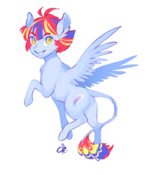 Size: 690x763 | Tagged: safe, artist:kerui8d, oc, oc only, oc:rainbow iris lightning, pegasus, pony, ear fluff, female, filly, leonine tail, looking at you, magical lesbian spawn, offspring, parent:rainbow dash, parent:twilight sparkle, parents:twidash, raised hoof, simple background, solo, spread wings, transparent background, wings