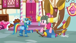 Size: 1920x1080 | Tagged: safe, screencap, pinkie pie, rainbow dash, pony, g4, yakity-sax, clothes, helmet, honorary yak horns, horned helmet, uniform, viking helmet, wonderbolts uniform, yovidaphone