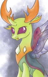 Size: 840x1344 | Tagged: safe, artist:dsana, thorax, changedling, changeling, g4, cute, king thorax, looking at you, male, smiling, solo, thorabetes, tongue out, wings