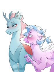 Size: 1545x2081 | Tagged: dead source, safe, artist:oniricat, ocellus, silverstream, changedling, changeling, changeling queen, classical hippogriff, hippogriff, g4, blushing, crush, female, headcanon, headcanon in the description, lesbian, older, queen ocellus, ship:ocellustream, shipping, simple background, size difference, smiling, transparent background