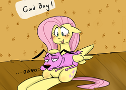 Size: 1400x1000 | Tagged: safe, artist:zouyugi, fluttershy, dog, pegasus, pony, g4, blushing, courage (character), courage the cowardly dog, crossover, female, good boy, mare, petting, wood