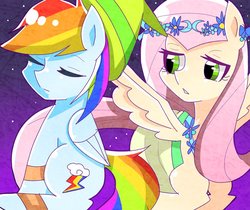 Size: 1111x935 | Tagged: safe, artist:master_0130, fluttershy, rainbow dash, pegasus, pony, g4, clothes, duo, eyes closed, female, hat, lesbian, mare, ship:flutterdash, shipping, wrong eye color