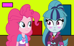 Size: 2000x1232 | Tagged: safe, artist:kingdark0001, artist:ktd1993, artist:luckreza8, pinkie pie, sonata dusk, equestria girls, g4, blushing, clothes, female, gem, lesbian, ship:pinata, shipping, siren gem, smiling