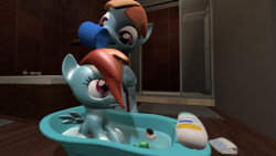 Size: 3840x2160 | Tagged: safe, artist:northern haste, rainbow dash, tank, windy whistles, g4, 3d, 4k, babying, bath, bath toy, bathroom, diaper, female, filly, filly rainbow dash, high res, like mother like daughter, like parent like child, mother and daughter, rubber duck, shampoo, source filmmaker, toy, wet, younger