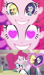 Size: 686x1164 | Tagged: safe, applejack, pinkie pie, rarity, coinky-dink world, equestria girls, equestria girls specials, g4, my little pony equestria girls: better together, my little pony equestria girls: rollercoaster of friendship, my little pony equestria girls: summertime shorts, female, heart, heart eyes, lesbian, meme, pinkie the shipper, pinkie's eyes, server pinkie pie, ship:rarijack, shipper on deck, shipping, wingding eyes