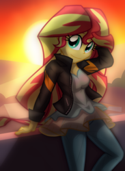 Size: 1900x2600 | Tagged: safe, artist:geraritydevillefort, sunset shimmer, equestria girls, g4, arm behind head, clothes, female, jacket, pants, shirt, smiling, solo, sun, sunset