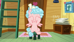 Size: 1280x720 | Tagged: safe, screencap, cozy glow, pegasus, pony, g4, marks for effort, belly, bow, clubhouse, crusaders clubhouse, female, filly, hair bow, ladder, peekaboo, smiling, solo, stool, tail bow