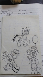 Size: 2368x4208 | Tagged: safe, artist:twinblade edge, pinkie pie, rainbow dash, twilight sparkle, earth pony, pegasus, pony, unicorn, g4, balloon, eyes closed, gritted teeth, looking at you, monochrome, raised hoof, raised leg, smiling, spread wings, traditional art, underhoof, unpleased, wings