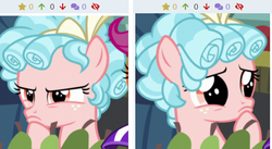 Size: 551x302 | Tagged: safe, screencap, cozy glow, derpibooru, g4, marks for effort, angry, bush, comparison, contrast, cozy glow is best facemaker, cozy glow is not amused, cozybetes, cropped, cute, face, female, filly, foal, juxtaposition, meta, plotting, puppy dog eyes, pure concentrated unfiltered evil of the utmost potency, sad, thinking