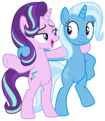 Size: 2641x3034 | Tagged: safe, artist:sketchmcreations, starlight glimmer, trixie, pony, unicorn, g4, road to friendship, bipedal, duo, female, high res, hoof around neck, hooves on hips, looking at each other, mare, open mouth, simple background, smiling, transparent background, vector, we're friendship bound