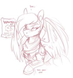 Size: 2062x2200 | Tagged: safe, artist:bluntwhiskey, oc, oc only, oc:bracer, pegasus, pony, armor, bounty, bounty hunter, commission, emw:mmmm, female, high res, leather armor, pegasus oc, sketch, solo, spread wings, thinking, traditional art, wanted poster, wings