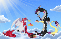 Size: 1350x865 | Tagged: safe, artist:bijutsuyoukai, oc, oc only, oc:rento, alicorn, draconequus, pony, cake, cloud, female, food, magic, mare