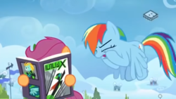 Size: 1366x768 | Tagged: safe, screencap, lightning dust, rainbow dash, scootaloo, g4, the washouts (episode), book, boomerang (tv channel), double facehoof, facehoof, reading, written equestrian