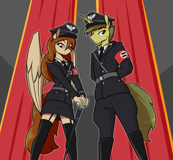 Size: 1148x1060 | Tagged: safe, artist:whatsapokemon, oc, oc only, pegasus, anthro, anthro oc, arm behind back, cane, clothes, equal cutie mark, equality, female, male, mare, stallion, uniform