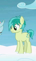 Size: 630x1080 | Tagged: safe, screencap, ocellus, sandbar, changedling, changeling, earth pony, pony, g4, school raze, animated, cloud, cute, cutie mark, gif, hooves, horses doing horse things, jumping, male, on a cloud, sandabetes, solo focus, stallion, standing on a cloud, teenager