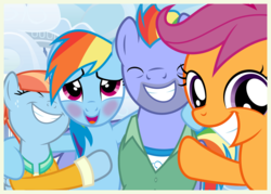 Size: 7000x5000 | Tagged: safe, artist:mundschenk85, bow hothoof, rainbow dash, scootaloo, windy whistles, pony, g4, absurd resolution, blushing, bowabetes, cute, cutealoo, dashabetes, family photo, scootalove, show accurate, vector, windybetes