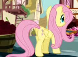 Size: 308x225 | Tagged: safe, screencap, fluttershy, pegasus, pony, g4, putting your hoof down, apple, butt, cropped, female, food, mare, plot, smiling, solo