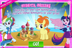 Size: 796x528 | Tagged: safe, gameloft, rainbow dash, twilight sparkle, pony, unicorn, equestria girls, g4, advertisement, beach, female, filly, foal, hat, introduction card, ocean, party hat, ponied up, solo, summer vacation, united states, unnamed character, unnamed pony