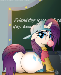 Size: 1000x1224 | Tagged: safe, artist:lennonblack, rarity, pony, unicorn, friendship university, g4, season 8, bubble, bubblegum, butt, butt on table, clothes, female, food, gum, looking back, mare, mooning, plainity, plot, rearity, solo, the ass was fat