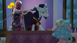 Size: 1024x576 | Tagged: safe, edit, edited screencap, screencap, chancellor neighsay, cozy glow, human, pegasus, pony, unicorn, g4, school raze, crossover, deadpool, female, filly, logo, male, marvel, marvel comics, nick jr., nickelodeon, photoshop, ryan reynolds, stallion, superhero, this will end in death, this will end in fillyhood trauma, this will end in tears, x kills neighsay