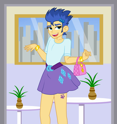 Size: 1700x1800 | Tagged: safe, artist:mashoart, flash sentry, equestria girls, g4, accessory swap, alternative cutie mark placement, clothes, clothes swap, crossdressing, crotch bulge, girly sentry, implied bestiality, implied gay, implied shipping, implied spike, inner thigh cutie mark, looking at you, miniskirt, open mouth, paw print, paw prints, purse, skirt, solo, virginity cutie mark