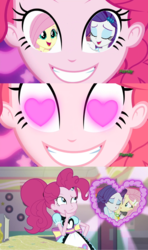 Size: 1280x2160 | Tagged: safe, edit, edited screencap, screencap, fluttershy, pinkie pie, rarity, coinky-dink world, equestria girls, equestria girls specials, g4, my little pony equestria girls: dance magic, my little pony equestria girls: summertime shorts, female, heart eyes, lesbian, meme, pinkie the shipper, pinkie's eyes, server pinkie pie, ship:flarity, shipping, wingding eyes
