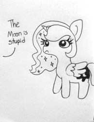 Size: 1245x1608 | Tagged: safe, artist:tjpones, princess luna, alicorn, pony, g4, dialogue, female, filly, frown, heresy, insult, mare, offscreen character, pure unfiltered evil, sad, simple background, solo, start of darkness, stupidity, this will end in death, this will end in pain, this will end in tears, this will end in tears and/or death, white background, woona, you monster, younger
