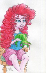 Size: 1924x3027 | Tagged: safe, artist:invalid-david, gummy, pinkie pie, equestria girls, g4, female, merida, reference, simple background, solo, traditional art, watercolor painting, wreck-it ralph 2