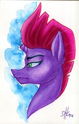 Size: 1387x2180 | Tagged: safe, artist:invalid-david, tempest shadow, pony, g4, bust, female, simple background, solo, traditional art, watercolor painting