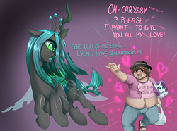 Size: 5512x4093 | Tagged: dead source, safe, artist:dankflank, queen chrysalis, rarity, changeling, changeling queen, g4, absurd resolution, bag, beard, brony, brony stereotype, chase, clothes, dialogue, disgusted, english, even evil has standards, facial hair, fat, fedora, female, fleeing, flying, front butt, funny, hat, heart, jeans, looking back, male, neckbeard, open mouth, pants, plushie, quadrupedal, sandals, shitposting, story in the comments