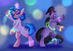 Size: 4092x2893 | Tagged: safe, artist:shyshyoctavia, dj pon-3, octavia melody, vinyl scratch, earth pony, pony, unicorn, g4, dancing, digital art, duo, female, glowing horn, high res, horn, mare, rave, signature