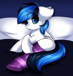 Size: 1280x1344 | Tagged: dead source, safe, artist:rinteen, oc, oc only, oc:waver, pegasus, pony, bed, butt, chest fluff, clothes, indexed png, on bed, plot, socks, solo, striped socks, thigh highs, ych result