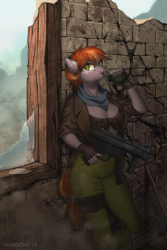 Size: 900x1350 | Tagged: safe, artist:margony, oc, oc only, oc:aurous affect, earth pony, anthro, anthro oc, bandaid, brick wall, broken glass, clothes, commission, digital art, dust, female, fingerless gloves, gloves, grenade, gun, jacket, mare, mp5k, pants, signature, solo, taking cover, uniform, weapon, window, ych result