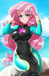 Size: 750x1160 | Tagged: safe, artist:racoonsan, fluttershy, human, equestria girls, equestria girls series, forgotten friendship, adorasexy, anime, barrette, beach, beach babe, beautiful, big breasts, blushing, breasts, busty fluttershy, clothes, cloud, curvy, cute, equestria girls outfit, eyeshadow, female, fluttershy's wetsuit, geode of fauna, hairclip, hairpin, human coloration, humanized, looking at you, makeup, necklace, sexy, shyabetes, sitting, skintight clothes, smiling, solo, stupid sexy fluttershy, swimsuit, wet, wetsuit